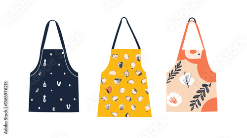 Modern illustration of a stylish set of three unique kitchen aprons in vibrant colors and patterns