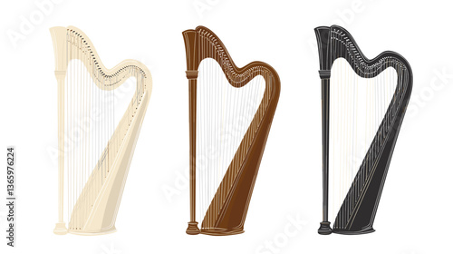 Set of three modern illustrations of harps in varied colors and designs showcasing elegance and artistry in musical instruments