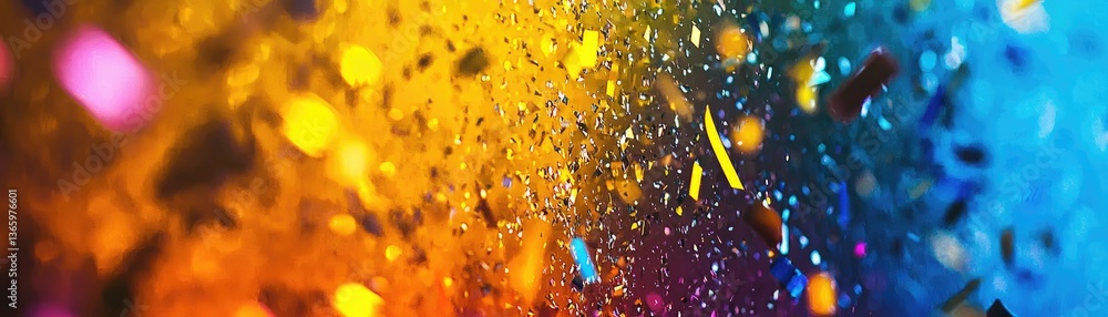 Obraz premium Colorful confetti falling, blurred background, celebration