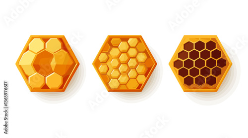 Set of modern style honeycombs illustrating various patterns and shades of yellow and brown