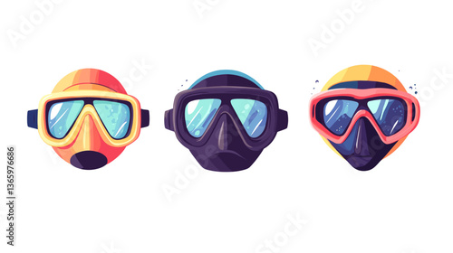 Three vibrant modern diving masks depicted in a stylized illustration showcasing aquatic adventure gear for underwater exploration