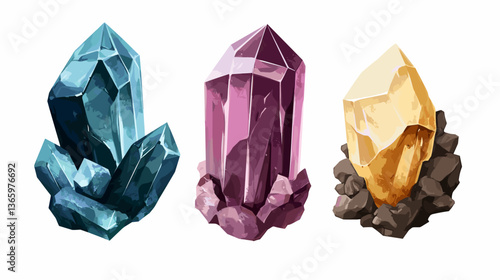 Vibrant modern illustration of three unique gemstones displayed on a clean background showcasing their distinct colors and shapes