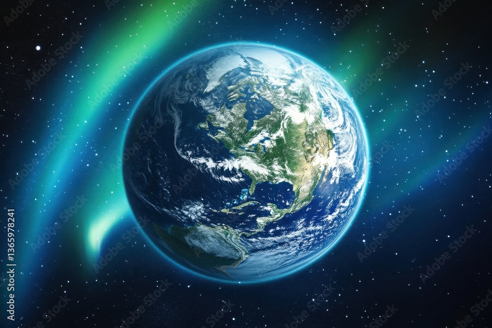 Stunning view of Earth illuminated by auroras in deep space at night Stunning view of Earth illuminated by auroras in deep space at night
