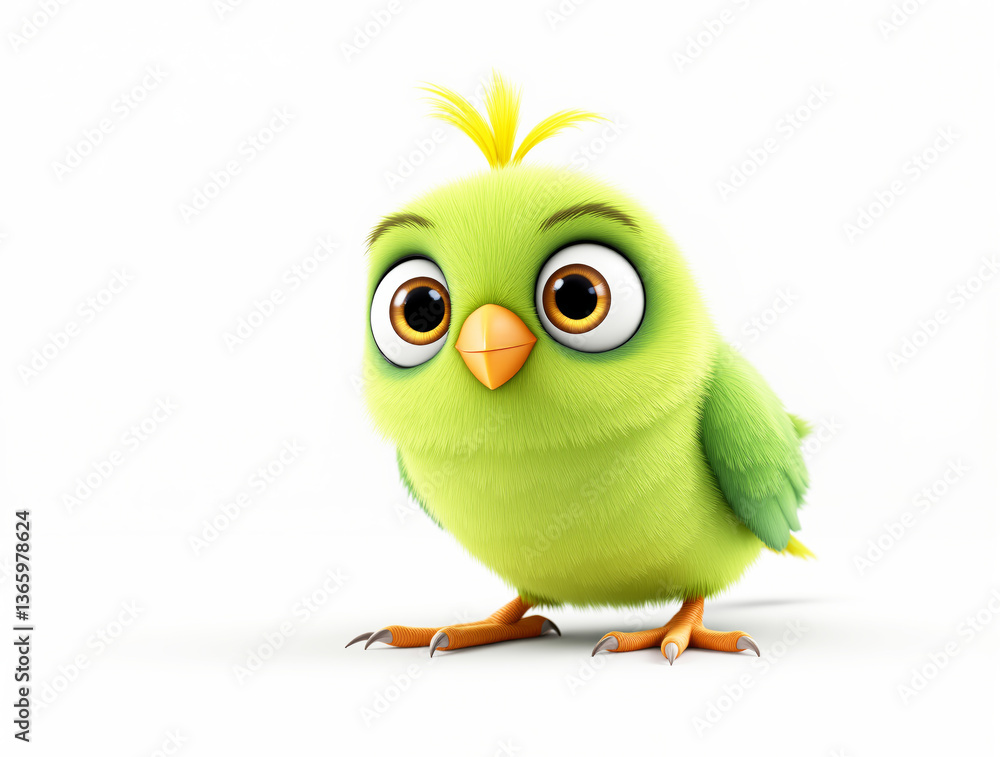 Fototapeta premium Adorable green cartoon bird with big expressive eyes and fluffy feathers, standing on a white background. Concept of cute animal character. Ai generative