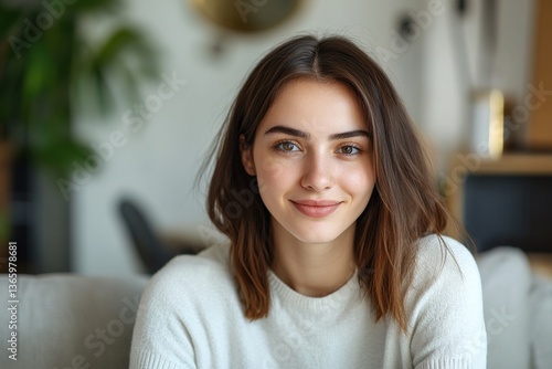 Independent and confident millennial. Head shot portrait profile picture at social media of young casual beautiful woman student freelance worker posing at home looking at camera talking by video call