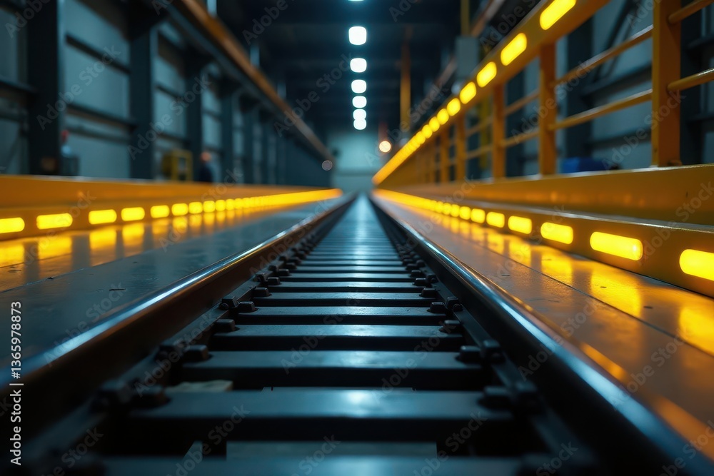 Fototapeta premium Close-up, polished tracks, sharp yellow illumination, sleek industrial space, metal, polished, rail