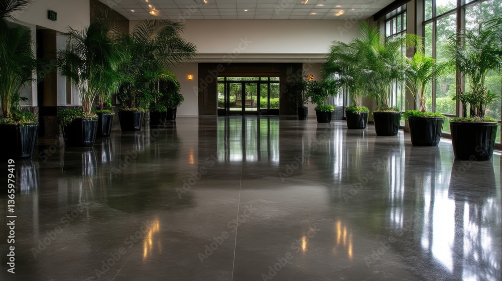 Fototapeta premium Polished concrete hallway with lush greenery. Interior design with potted plants and large windows showcasing a landscape