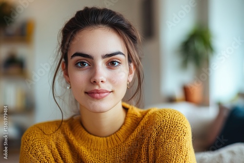 Fototapeta Naklejka Na Ścianę i Meble -  Independent and confident millennial. Head shot portrait profile picture at social media of young casual beautiful woman student freelance worker posing at home looking at camera talking by video call