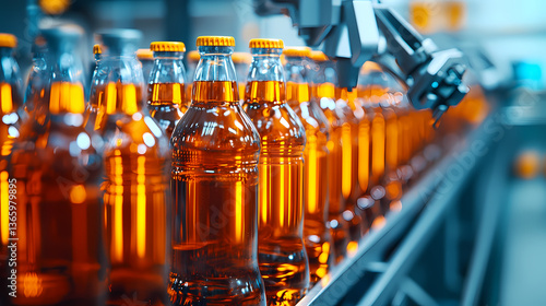 Wallpaper Mural A visually striking assembly line featuring rows of bright orange beverage bottles, showcasing automated production in a modern environment. Torontodigital.ca