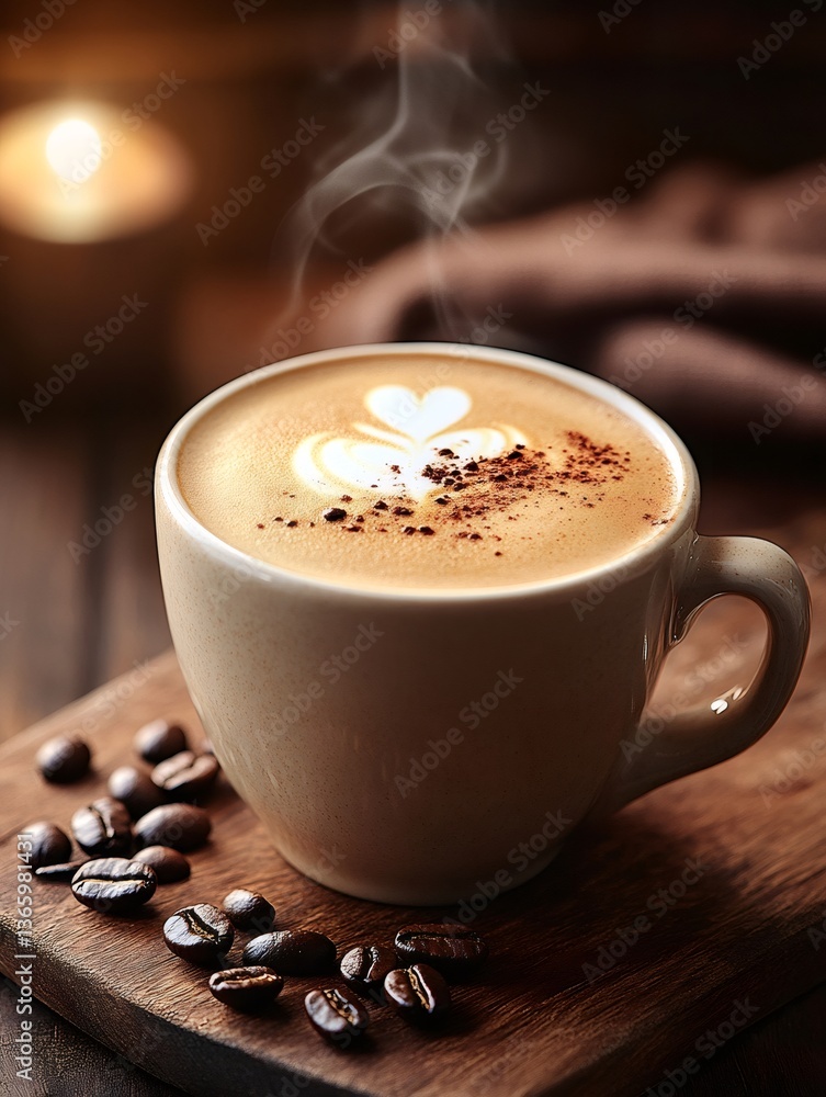 Steaming cup of coffee with latte art and coffee beans on wooden board Steaming cup of coffee with latte art and coffee beans on wooden board