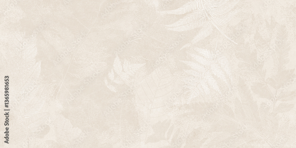 Fototapeta premium A textured wallpaper design featuring delicate fern and leaf imprints in a soft, neutral gray color palette.