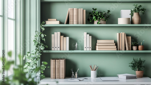A serene home office with neatly arranged books on green shelves, plants adding freshness, and a workspace ready for creativity