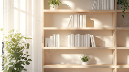 A serene interior scene featuring a minimalist bookshelf filled with white books, illuminated by soft sunlight, with potted plants nearby