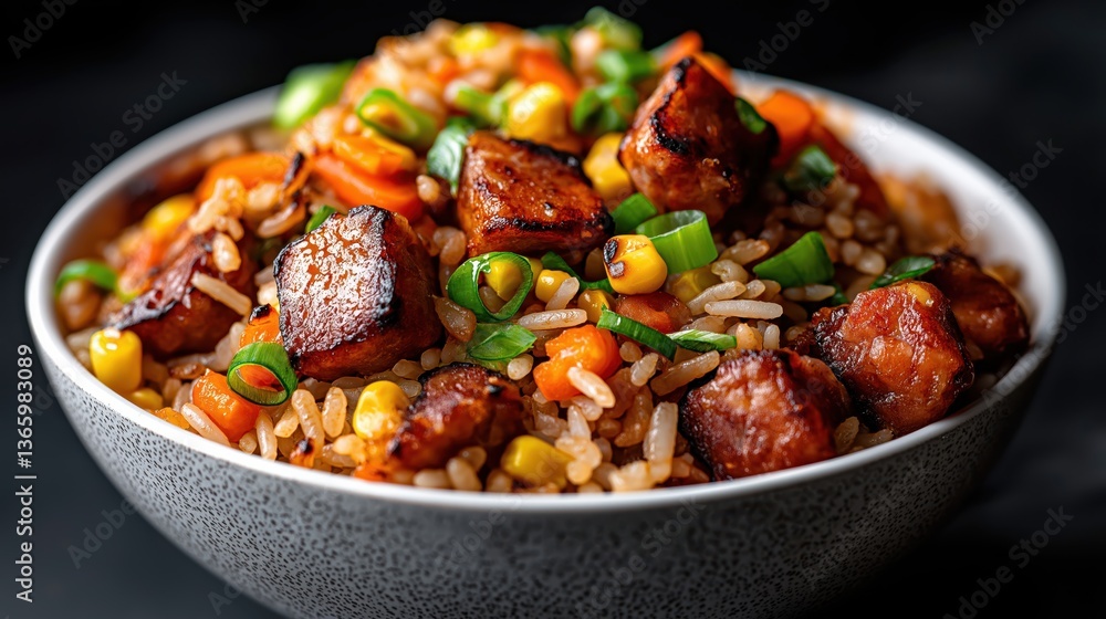 Vibrant bowl of fried rice with colorful vegetables and sausage in a charming setting Vibrant bowl of fried rice with colorful vegetables and sausage in a charming setting