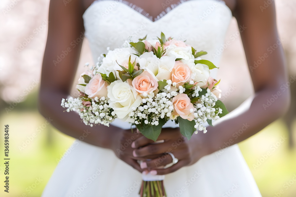 Bride holding bouquet of roses in a spring garden Bride holding bouquet of roses in a spring garden