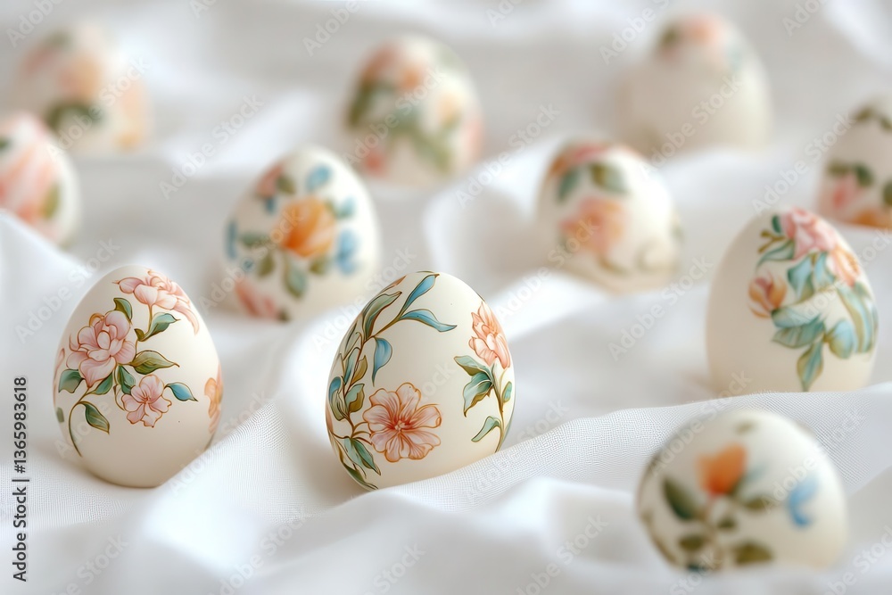 Fototapeta premium Luxurious textiles form a backdrop for intricately painted Easter eggs, showcasing Thai heritage while leaving room for creative text.