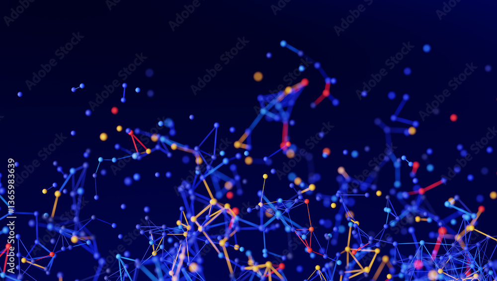 Fototapeta premium Complex 3D render of an abstract network with interconnected dots and lines on a dark blue technology background, illustrating data and connection structures. 3D render.