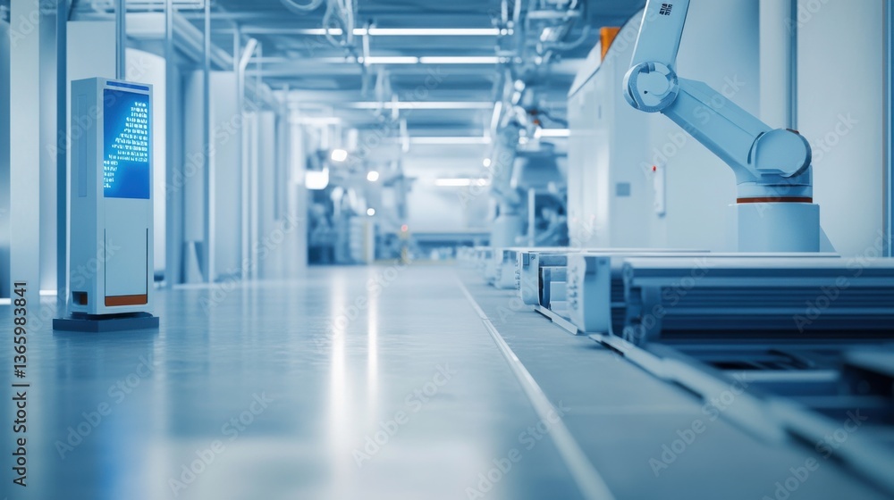 Fototapeta premium A futuristic AI powered automated recycling facility sorting waste with robotic precision, clean industrial environment with digital waste categorization, Sustainable technology style