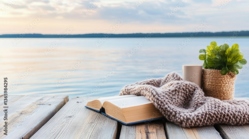 Fototapeta premium Lakeside reading retreat with a rustic wooden dock, cozy blanket, and peaceful water view