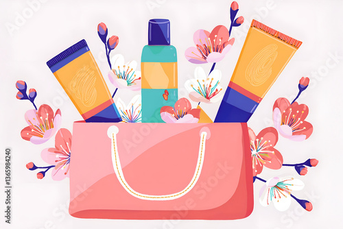 A vibrant illustration of a bag filled with collection cosmetics and flowers, perfect for beauty and shopping themes.