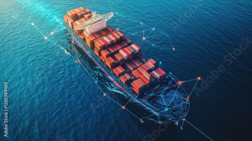 A futuristic AI powered autonomous cargo ship sailing across the ocean, massive vessel with digital route optimization, Maritime technology style