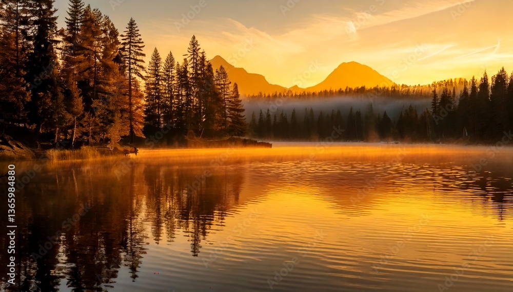 Fototapeta premium Golden Hour Mist Over a Mirror-Like Lake
