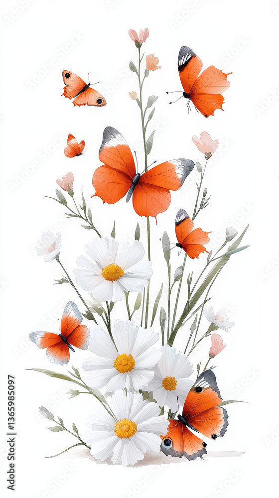 Naklejka premium beautiful watercolor illustration featuring vibrant orange butterflies among delicate white flowers, Watercolor illustration