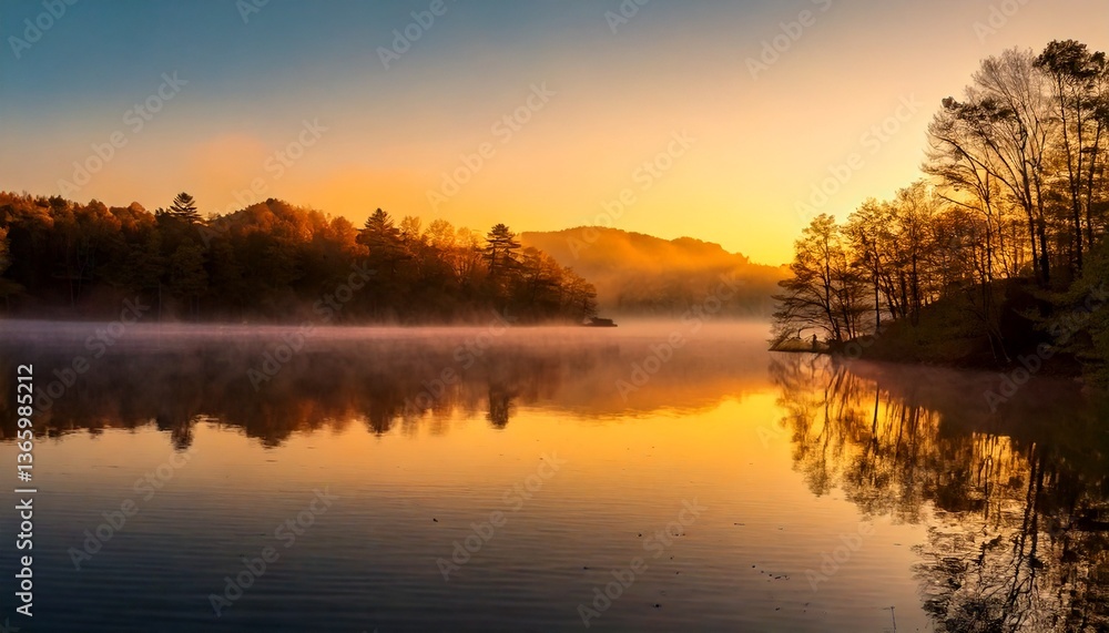Golden Hour Mist Over a Mirror-Like Lake Golden Hour Mist Over a Mirror-Like Lake