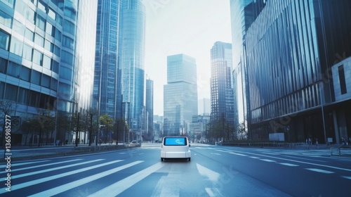 A futuristic AI powered autonomous delivery robot navigating urban streets, busy city with real-time navigation and package delivery data, Urban logistics technology style