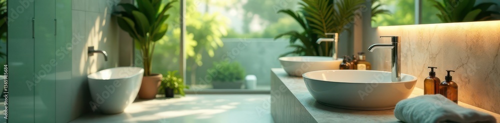 Fototapeta premium Serene spa bathroom, modern fixtures, blurred background, home, luxury, style