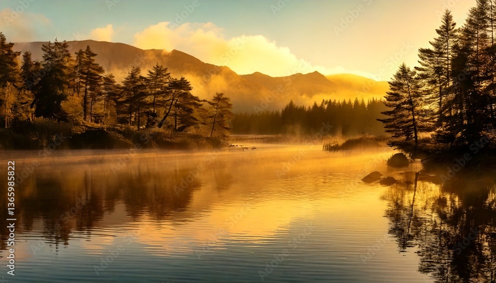 Fototapeta premium Golden Hour Mist Over a Mirror-Like Lake