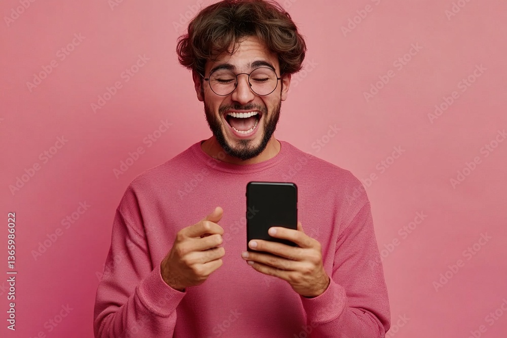 Happy Hispanic guy hold smartphone read message with fantastic news, enjoy moment of competition, giveaway or lottery win, relish joyful news shared by friend or family member. Triumph, breakthrough Happy Hispanic guy hold smartphone read message with fantastic news, enjoy moment of competition, giveaway or lottery win, relish joyful news shared by friend or family member. Triumph, breakthrough