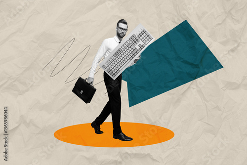 Contemporary artwork image collage of happy businessman walk keypad wireless device freelancer tool desktop electronic qwerty