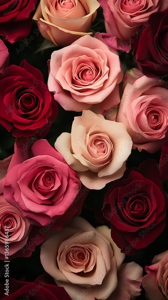 Obraz premium Close-up of pink and red roses, showcasing various shades and textures, symbolizing romance, love, and Valentine's Day