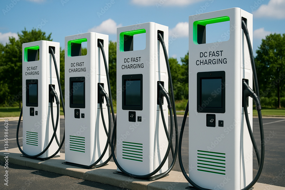 Row of Modern DC Fast Charging Stations in Outdoor Parking Lot Row of Modern DC Fast Charging Stations in Outdoor Parking Lot