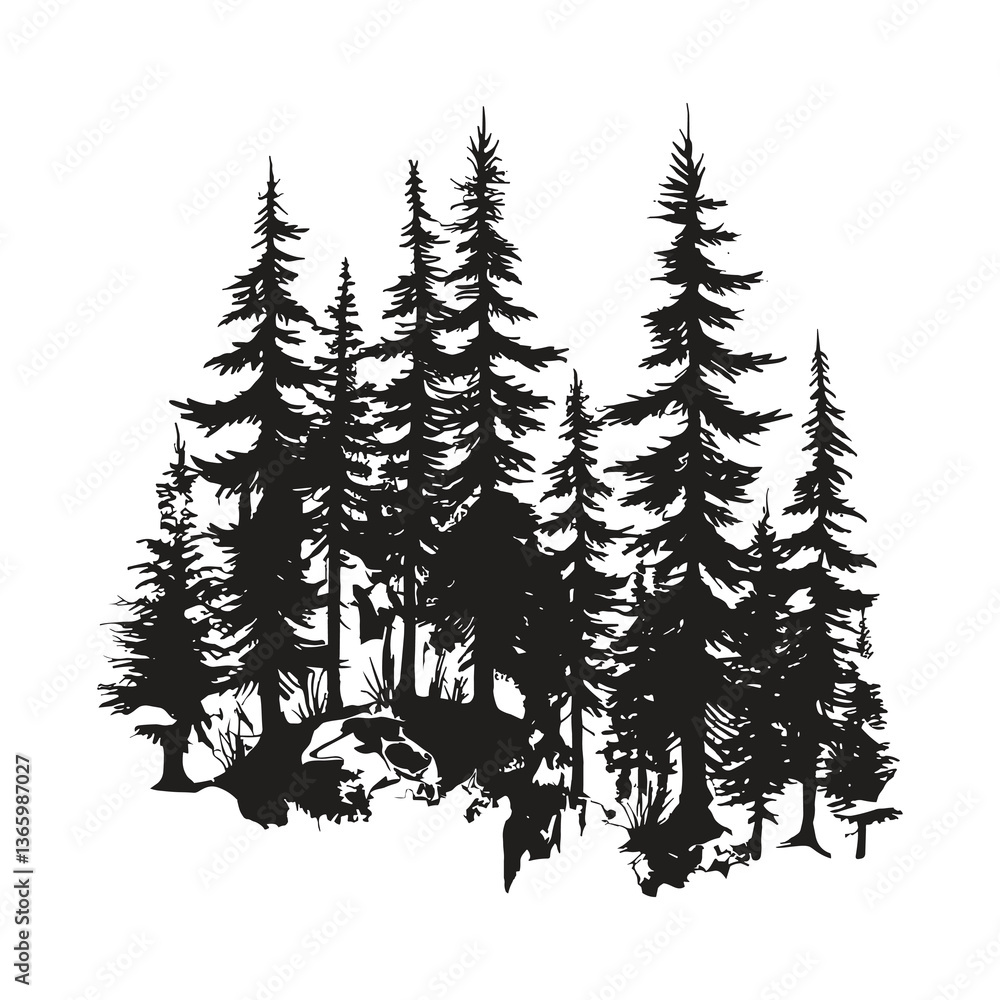Obraz premium Black Silhouette of Pine Trees in a Forest Landscape