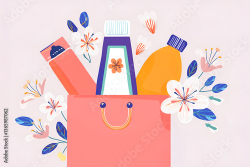 A vibrant illustration of a bag filled with collection cosmetics and flowers, perfect for beauty and shopping themes.