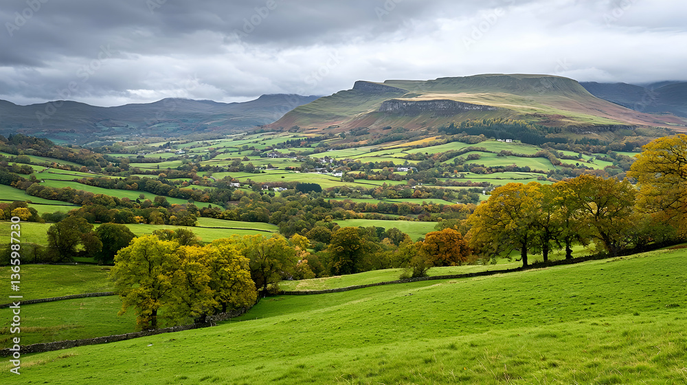 Obraz premium Panoramic View of Lush Green Valley with Rolling Hills under Dramatic Cloudy Sky in Autumn Colors