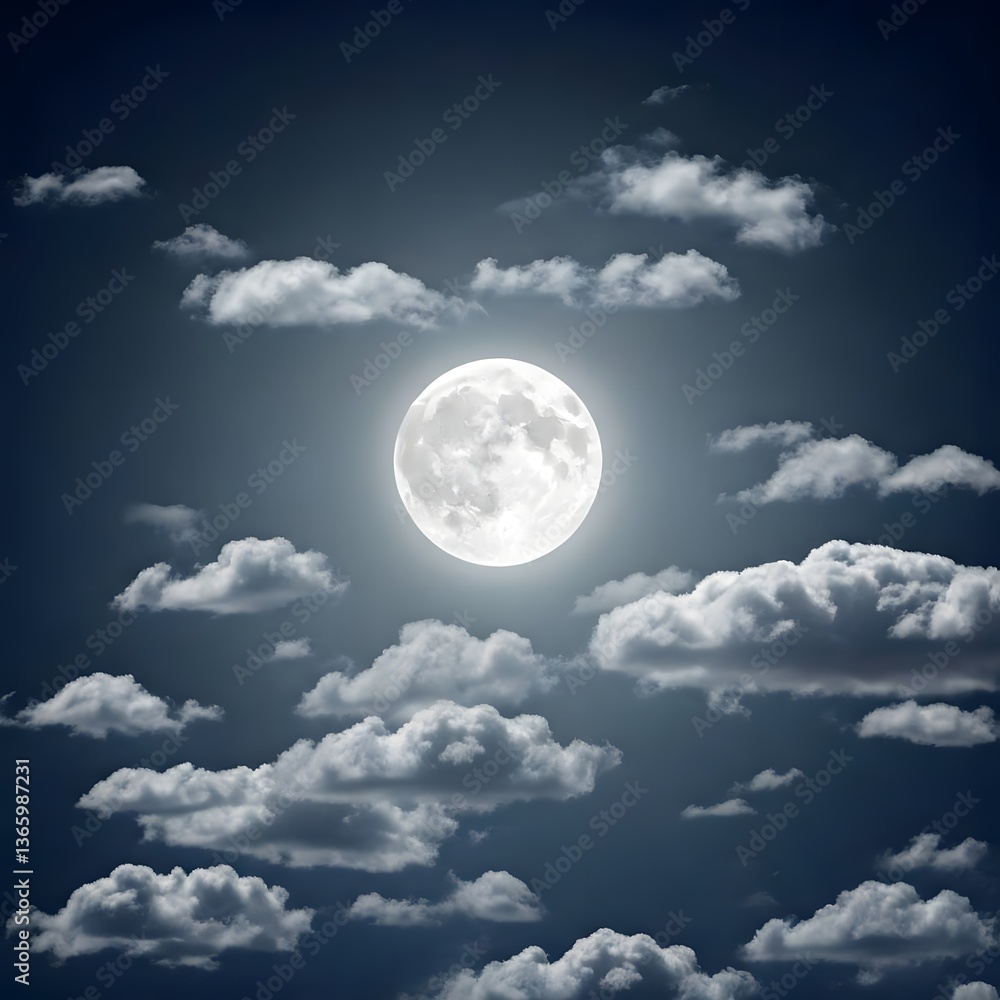 Obraz premium A moonlit cloudy sky where silver clouds reflect the light of a full moon, AI Generated