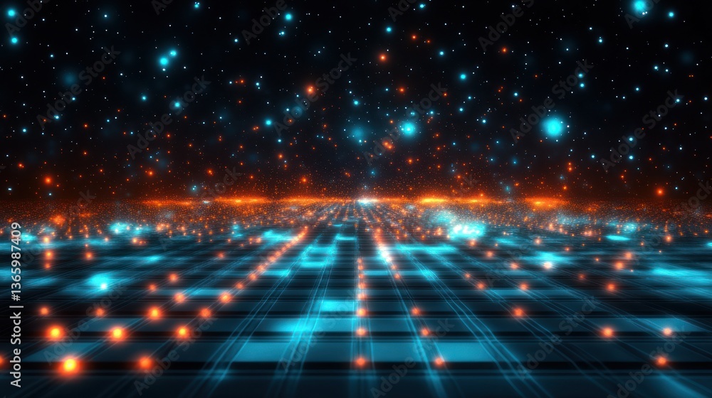 Obraz premium Futuristic digital landscape, glowing grid, starry background, abstract