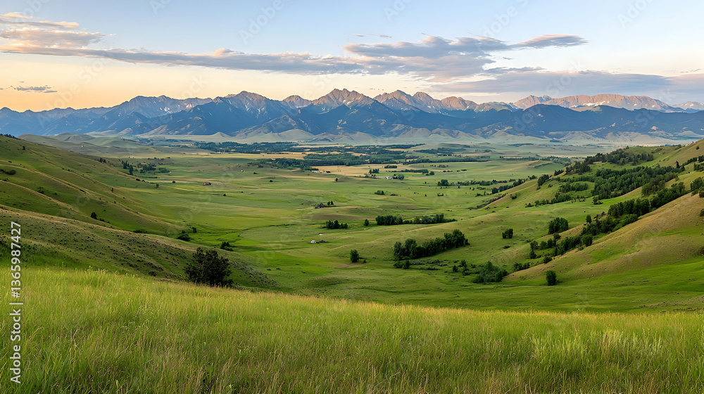 Obraz premium Panoramic View of Green Valley and Mountain Range Under Blue Cloudy Sky During Golden Hour