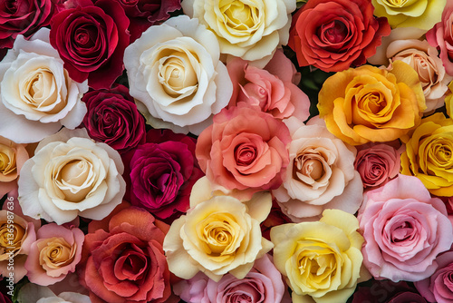 Close-up of various colored roses, showcasing different shades of red, pink, yellow, and white, creating a vibrant and romantic floral arrangement, perfect for Valentine's Day or wedding themes