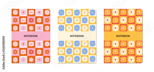 Set of floral notebook cover designs with groovy retro patterns. Vector flat abstract backgrounds with geometric flowers in 1970s style