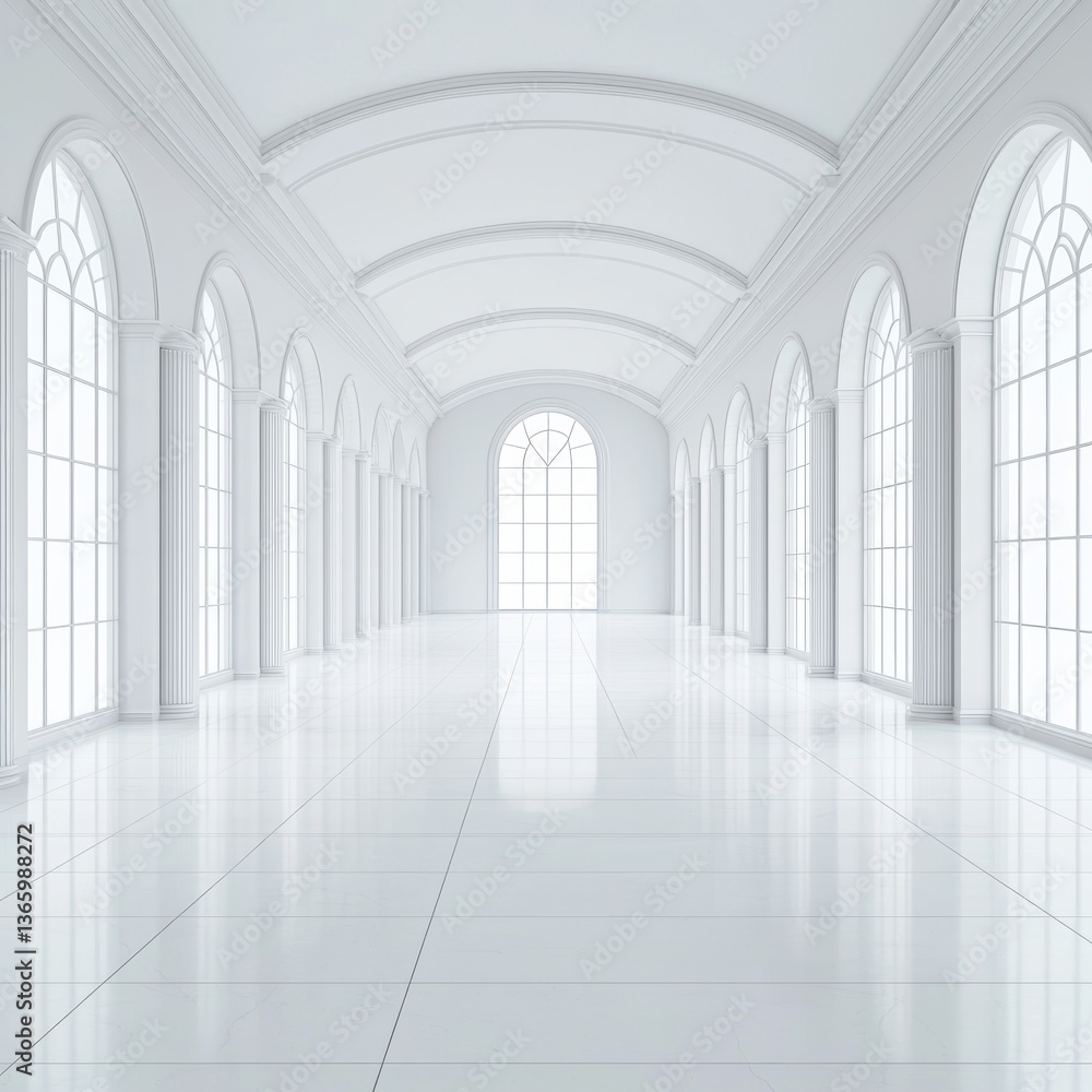 A spacious, minimalist interior featuring large arched windows and polished white floors, creating a bright and airy atmosphere. A spacious, minimalist interior featuring large arched windows and polished white floors, creating a bright and airy atmosphere.