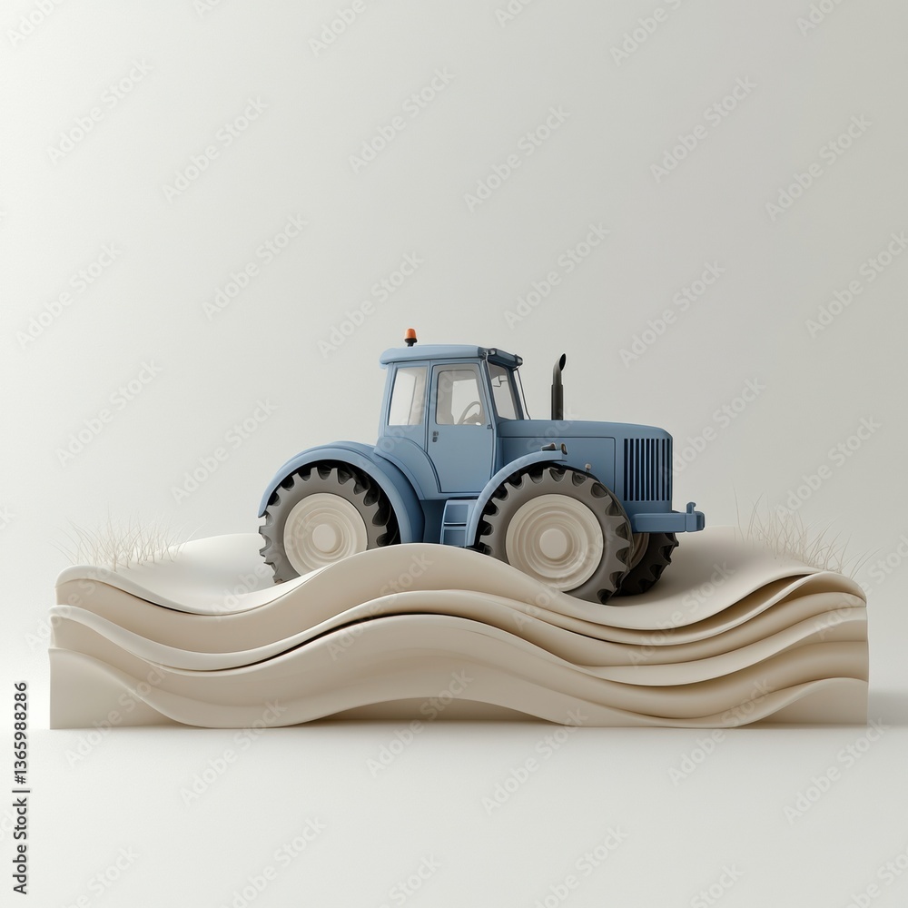 Naklejka premium Blue tractor with snow plow on white surface, wind turbine on white background 