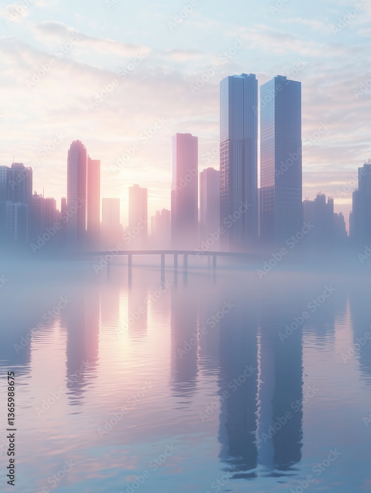 Fototapeta premium Misty Futuristic City Skyline at Dawn with Mirror-Calm Reflections
