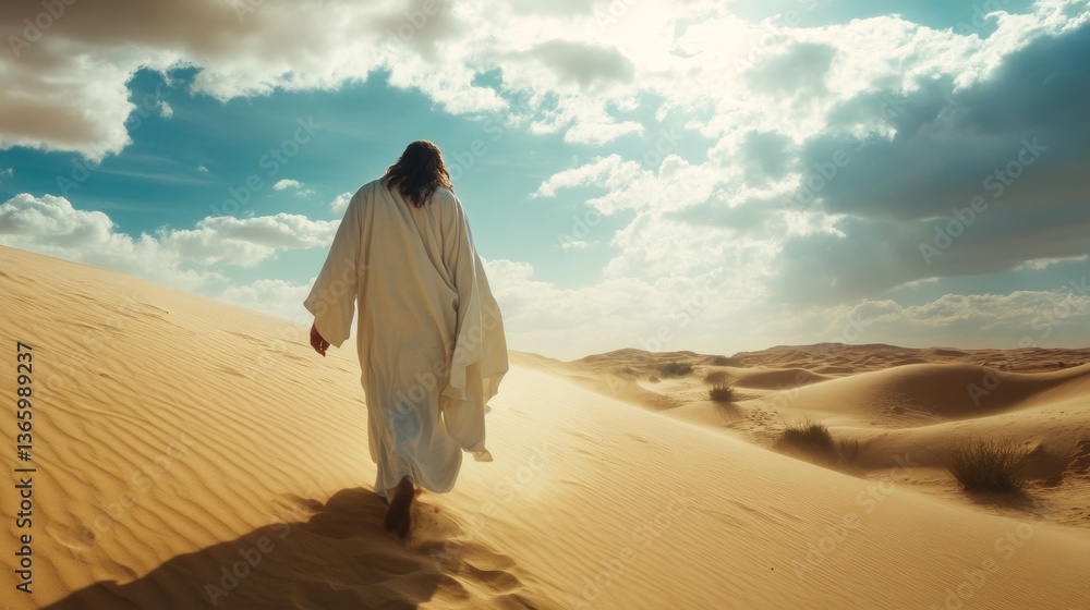 Fototapeta premium The serene spiritual journey of jesus across desert dunes under a tranquil cloudy sky near jerusalem