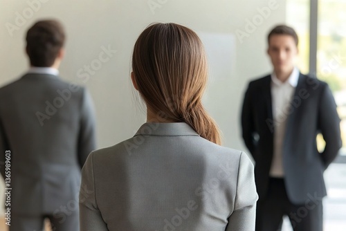 Unfair barrier. Back view young lady business professional compete for opening for her dream job but feel pressure bias prejudice on interview with male recruiters team having gender based stereotypes