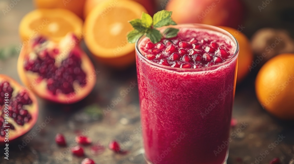 A close-up of a glass of organic mixed fruit juice made with pomegranate, apples, and oranges A close-up of a glass of organic mixed fruit juice made with pomegranate, apples, and oranges
