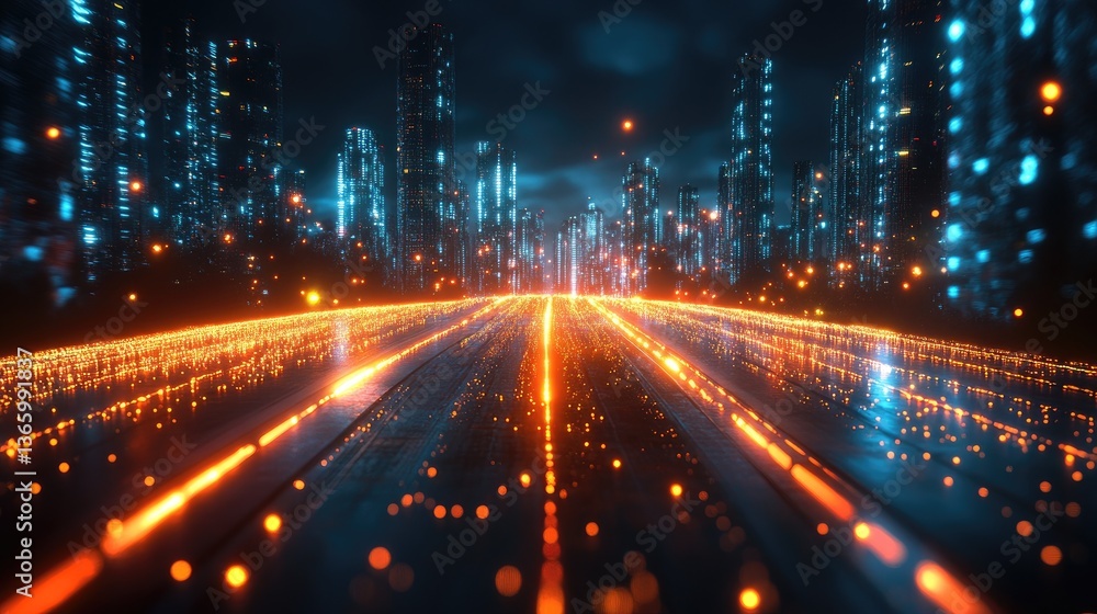 Futuristic city highway, glowing at night. Background skyscrapers, digital particles. Use Sci-fi film, tech promo Futuristic city highway, glowing at night. Background skyscrapers, digital particles. Use Sci-fi film, tech promo